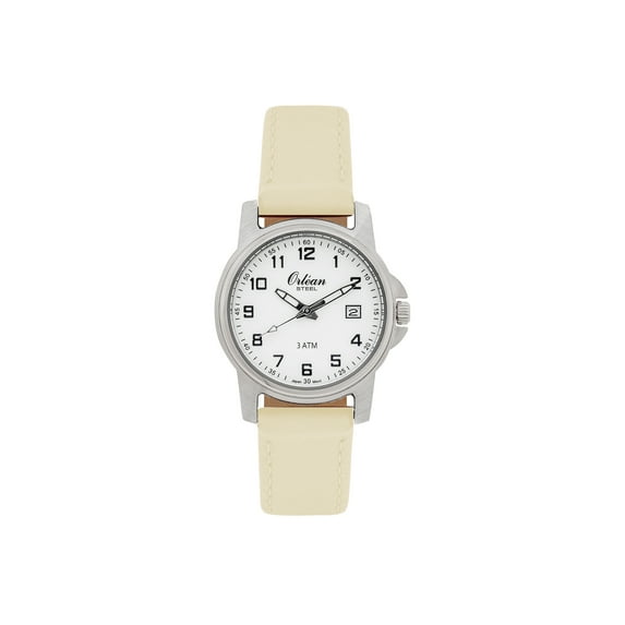 Orlean Womens Easy to Read Watch with Date - 316L Stainless Steel Case, Leather Watch Band - 27mm Analog Ladie's Wrist Watches - White Dial, Big Easy Read Numbers - Silver / Beige Band