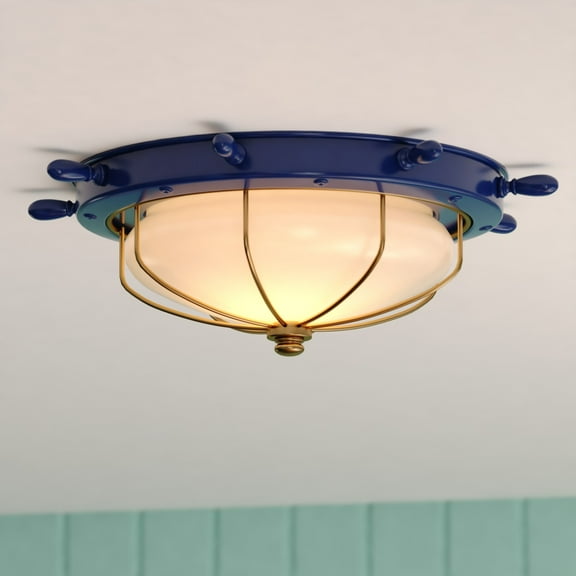 Orleans 15-in W Navy Blue and Matte Gold Coastal Ship Wheel Flush Mount Indoor Outdoor Ceiling Light Fixture