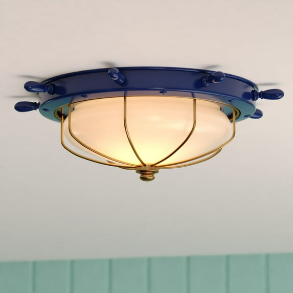 Orleans 15-in W Navy Blue and Matte Gold Coastal Ship Wheel Flush Mount Indoor Outdoor Ceiling Light Fixture