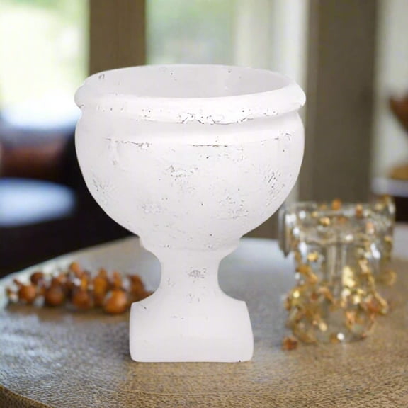 Orlen White Cement Vintage Pedestal Urn, Roman Style Decorative Vase Planter