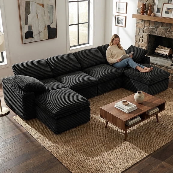 Orlivala 150" Large Modular Sectional Sofa with Ottoman, Deep Seat U-Shaped Cloud Couch for Living Room,Black