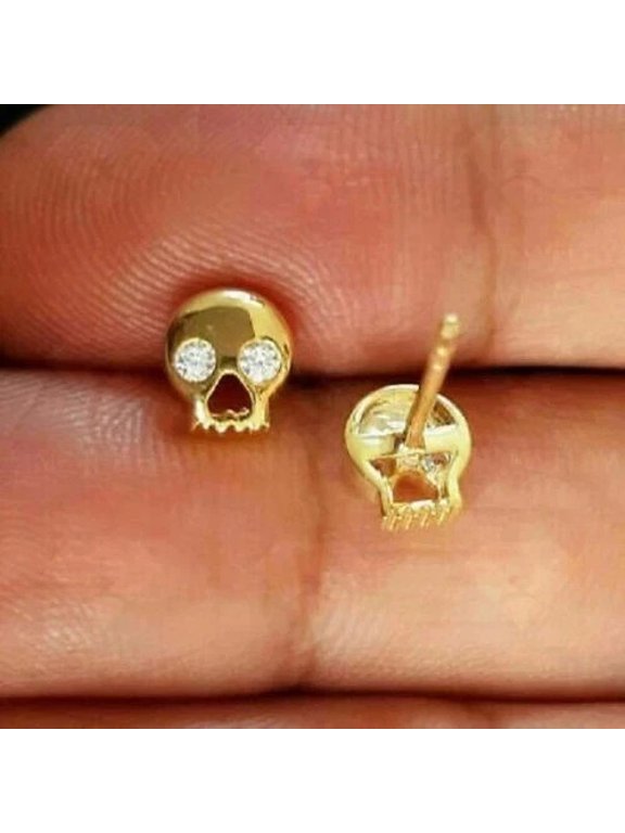 Skull Push Back Earrings 0.50Ct Round Cut Moissanite 14K Yellow Gold Plated