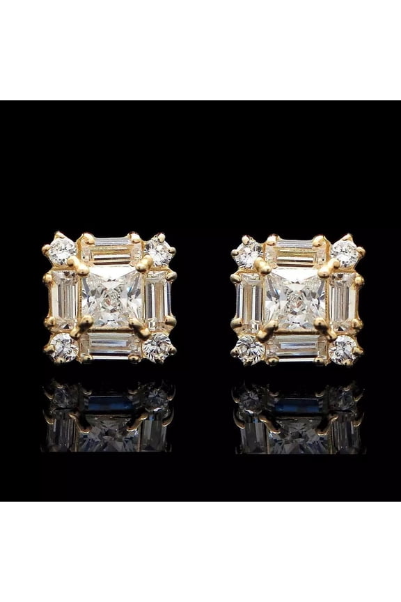 1.00Ct Princess Cut Moissanite Halo Stud Women Earrings in 14K Yellow Gold Plated