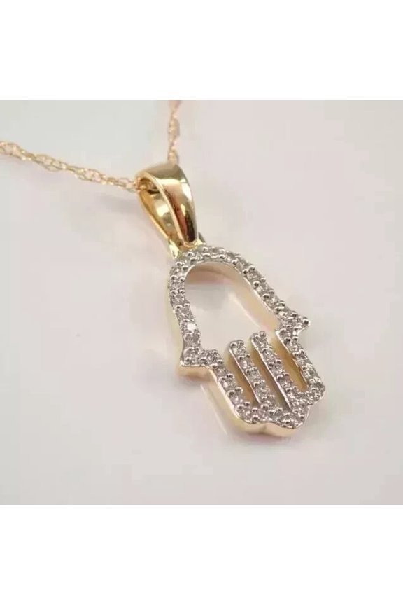 Women's Hamsa Pendant 3 Ct Round Cut Moissanite 14K Yellow Gold Plated Free Chain