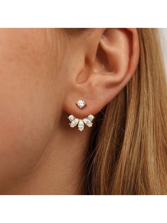 Orlov Jewels 14k Yellow Gold Plated Marquise & Round Cut Moissanite Jacket Stud Earrings for Women