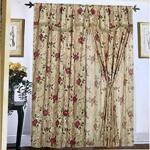 Orly's Dream New Floral Design 2 pc Curtain Set with Tie Backs - Beige/Red.
