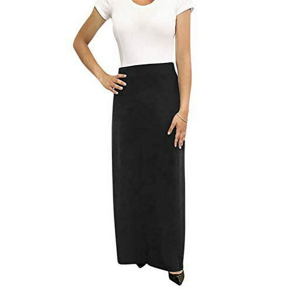 OrlyCollection Women's Basic Elastic Waist Band A-Line Long Maxi Skirt (Black, 1X)