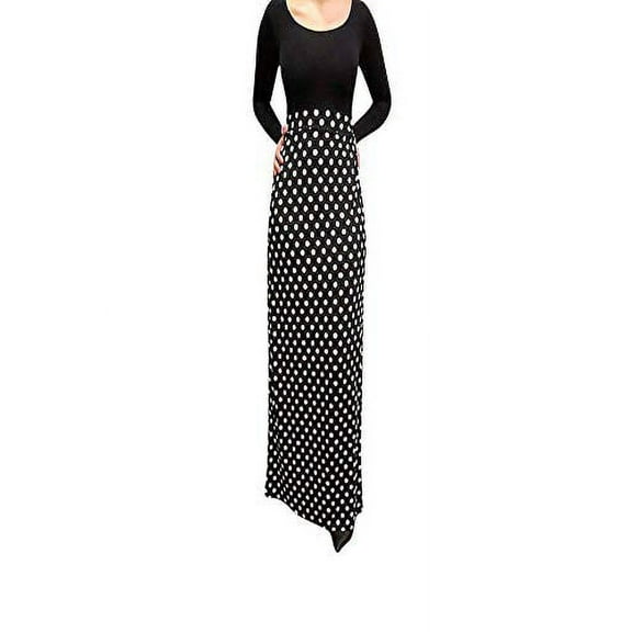 OrlyCollection Women's Basic Elastic Waist Band A-Line Long Maxi Skirt (Black Ivory Dot,1X)