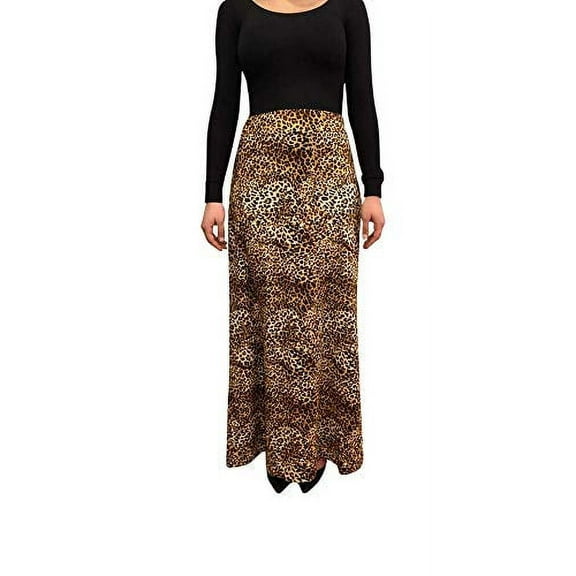 OrlyCollection Women's Basic Elastic Waist Band A-Line Long Maxi Skirt (Cheetah,Large)