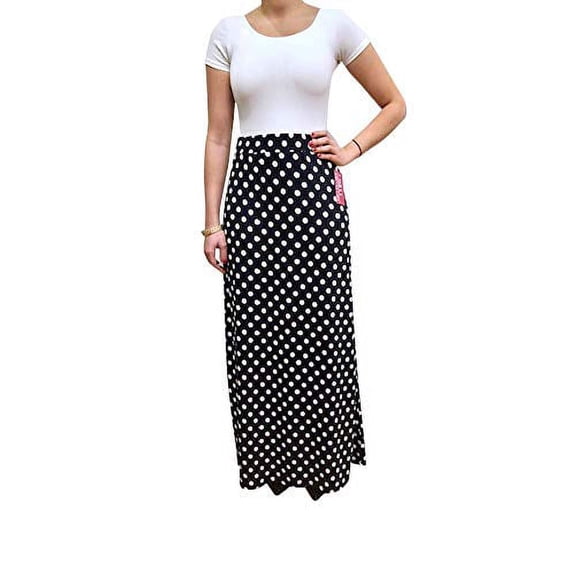 OrlyCollection Women's Basic Elastic Waist Band A-Line Long Maxi Skirt (Navy Ivory Dot,Small)