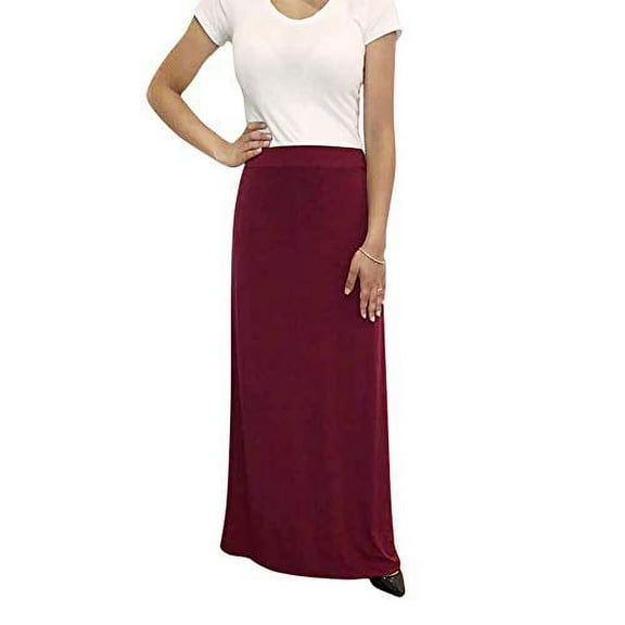 OrlyCollection Women's Basic Elastic Waist Band A-Line Long Maxi Skirt (Wine,Medium)