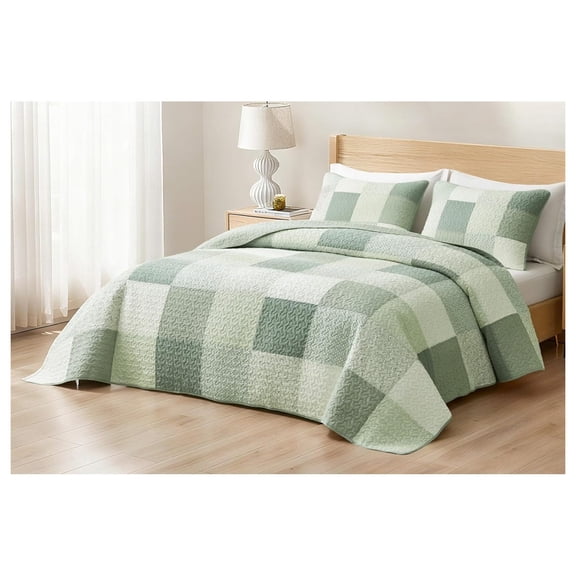 Orna 3-Piece Chic Patchwork Quilt Set - Green Floral Patch Coverlet - Pre-Washed Cotton Lightweight Reversible Bedspread, King Size