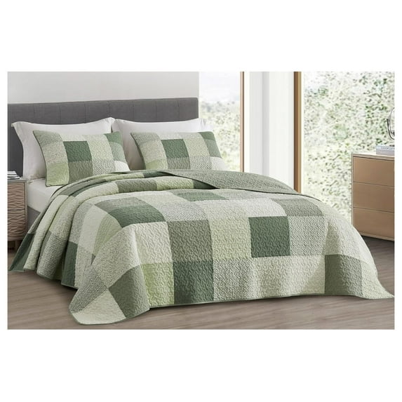 Orna 3-Piece Chic Patchwork Quilt Set - Green Floral Patch Coverlet - Pre-Washed Cotton Lightweight Reversible Bedspread, Queen Size