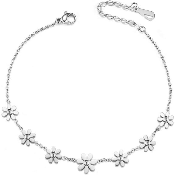 Ornaland Anklet Stainless Steel Daisy Flowers Chain Anklet for Women Jewellery Gift Foot Bracelet Adjustable 7.87"