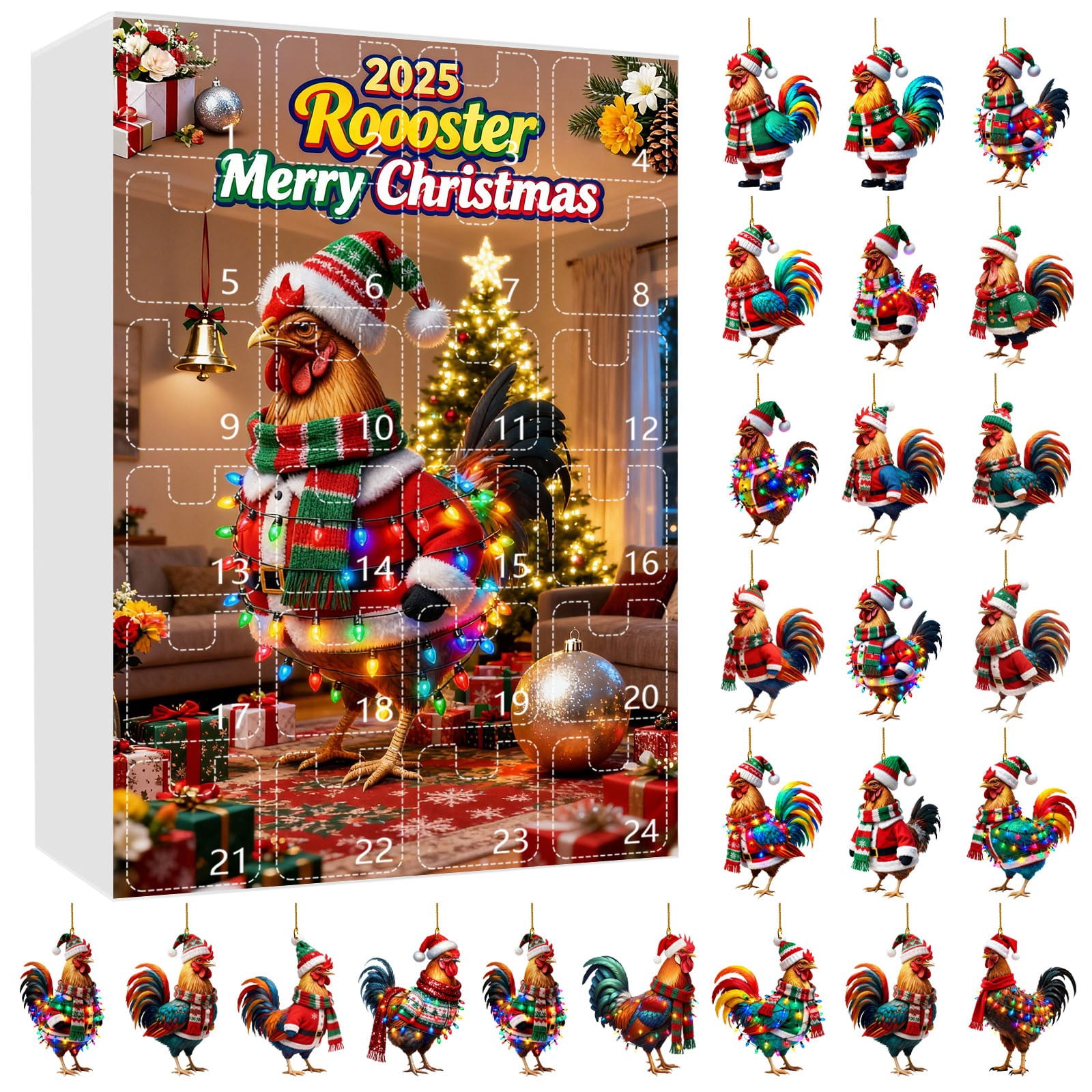 Rooster Timer Ornament Advent Calendar Rooster Ornament With Santa Hat And Scarf 24 ...