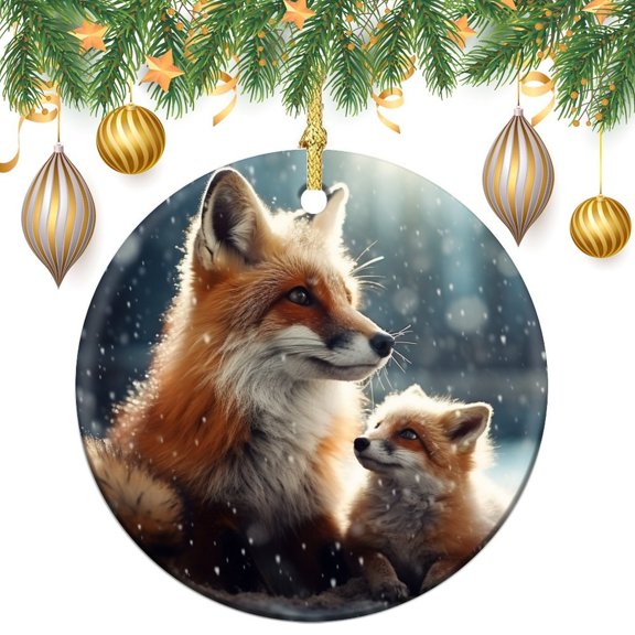Ornament Anime Nature Double Sided Porcelain 3 Inch Fox Mother And Baby in Winter Best Gifts for Christmas Christmas Ornament for Family Sister Friend