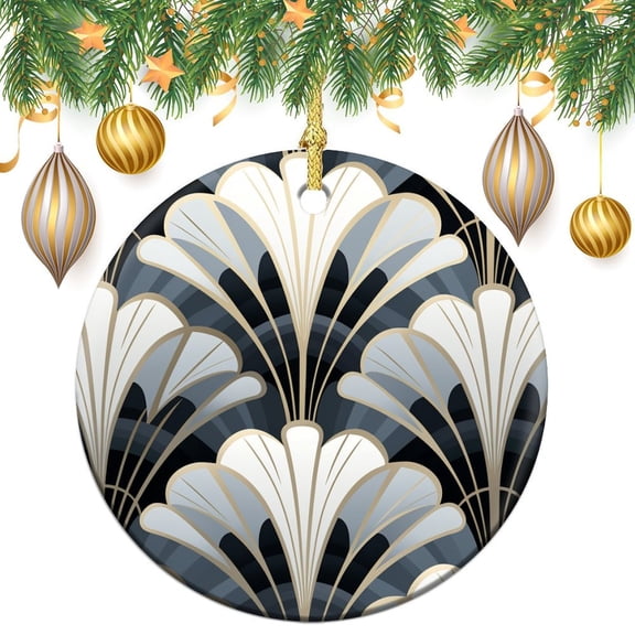 Ornament Art Deco Fan Design Grey Customized Round Ceramic Ornament Modern Striped Geometric Xmas Tree Decoration Ornament Xmas Present