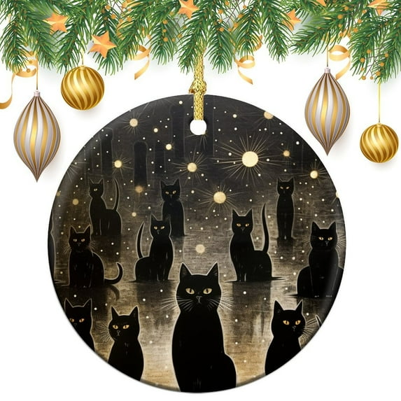 Ornament Black Cats with Golden Stars Ceramic Double Sided Tree Xmas Ornament Rustic Halloween Christmas Tree Decorations Merry Xmas for Family & Friends
