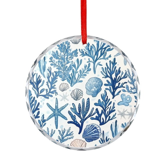 Ornament Blue Ocean Beach Seashell Starfish Themed Glass Round Christmas Ornament Summer Ocean Themed for Xmas Tree