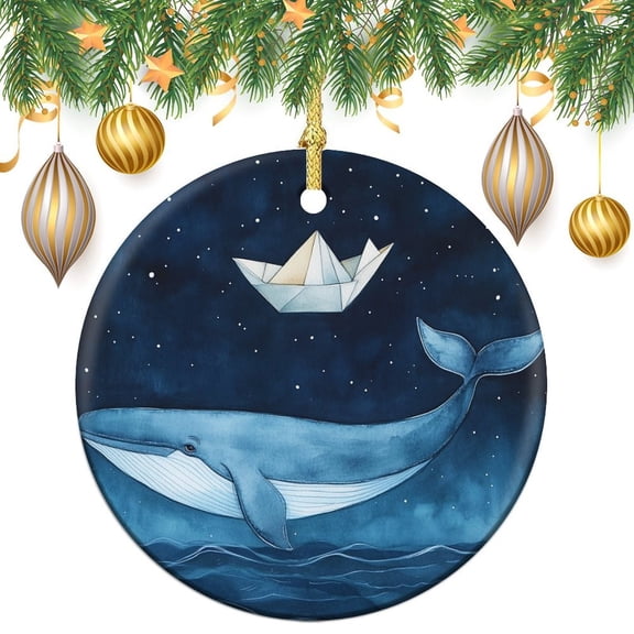 Ornament Blue Whale Starry Night 3" Circle Ceramic Ornament Cartoon Fish Whale Collectible Present Gift Xmas Tree Decoration Gifts for Women Men On Christmas