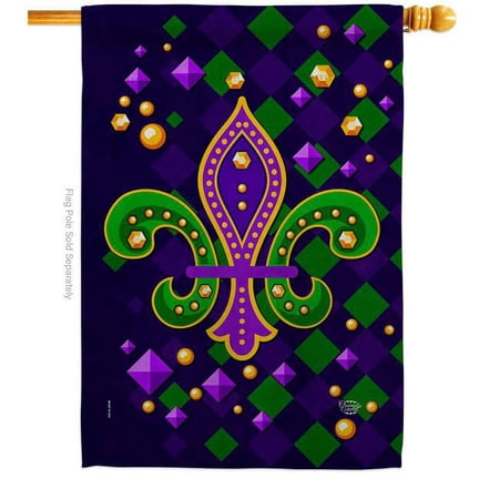 Ornament Collection H190100-BO 28 x 40 in. Diamond Fleur de Lis Springtime Mardi Gras Vertical House Flag with Double-Sided Decorative Banner Garden Yard Gift