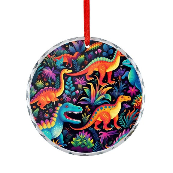 Ornament Colorful Dinosaur Pattern Round Glass Hanging Ornament Kawaii Dinosaur Gift Exchange Present Ideas Keepsakes Gifts for Women Men Friends