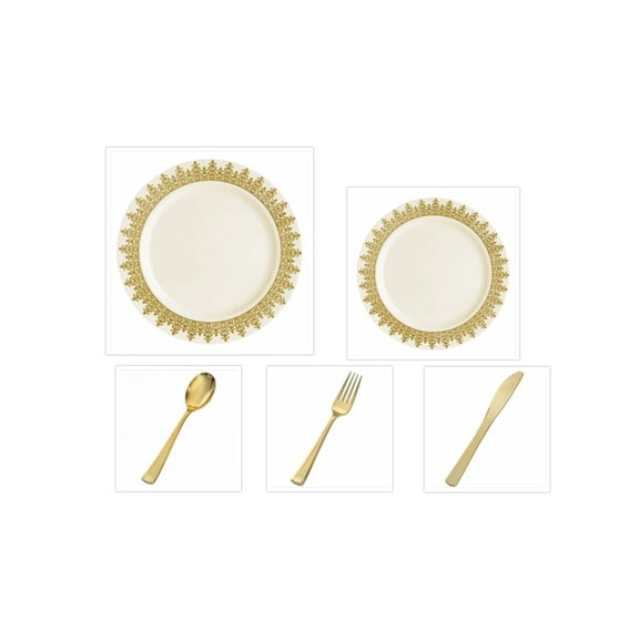 Ornament Cream w/Gold Regal Border China-Like Plastic 10" Banquet Plates + 7" Salad Plates + Cutlery *Party of 40*