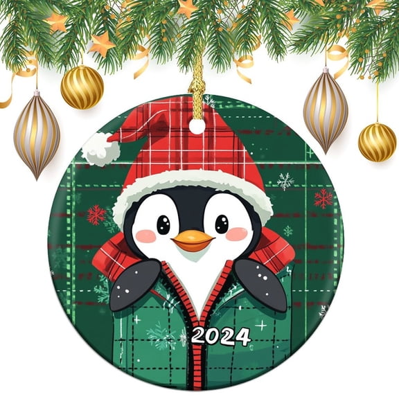 Ornament Cute Penguin in A Christmas Hat 2024 Customized Round Ceramic Ornament Penguin with Hat Keepsake Funny Christmas Hanging Tree Decor Ornament Holiday Present