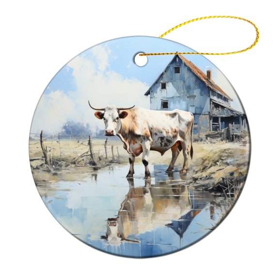 Ornament Farmhouse Countryside Two Sides Printed Christmas Ornaments A Painting of A Cow And A Barn Funny Commemorative Ornaments & Gift Merry Xmas for Family & Friends
