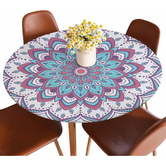 Ornament Flower Tablecloth Round Ethnic Traditional Floral Blue White Red Waterproof Wipeable Table Cloth Cover Table Pad Cover for Dining Room Fitted Table 40-44 inch