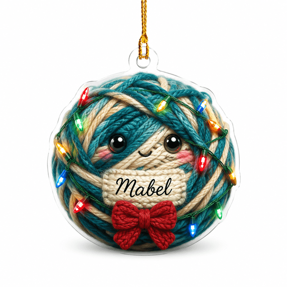 Ornament, Fluffy Yarn Ball with Lights and Red Bow, Acrylic Hanging Decoration for Christmas