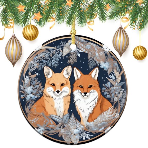 Ornament Fox Snowflake Winter 3" Circle Ceramic Ornament Animal Themed Xmas Tree Decorations Flat Circle Ceramic Ornament Gifts Keepsake for Family