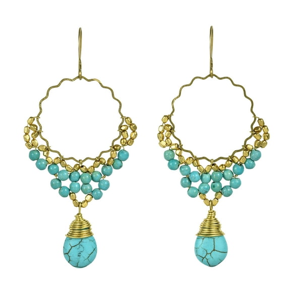 Ornament Green Turquoise Teardrop Brass Dangle Earrings