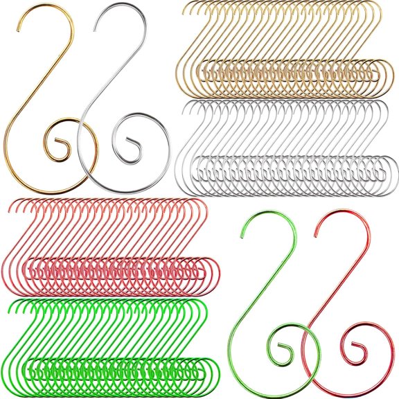 Ornament Hooks,160pcs Christmas Ornament Hangers, Xmas Decoration S Hooks, Baubles Ball Metal Hooks, 0.9x1.9inch, Gold/Green/Red/Silver