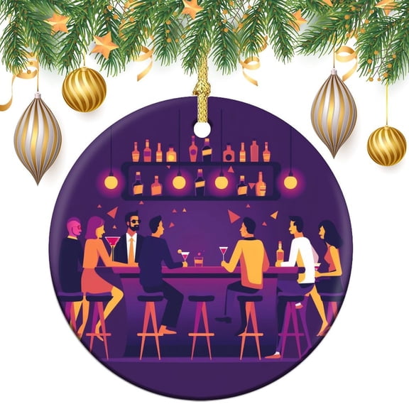 Ornament Mid Century Modern Customized Round Ceramic Ornament Illustration of People Sitting at Bars Christmas Xmas Tree Ornament Decoration Hanging Pendant Decor for Woman Friend Birthday