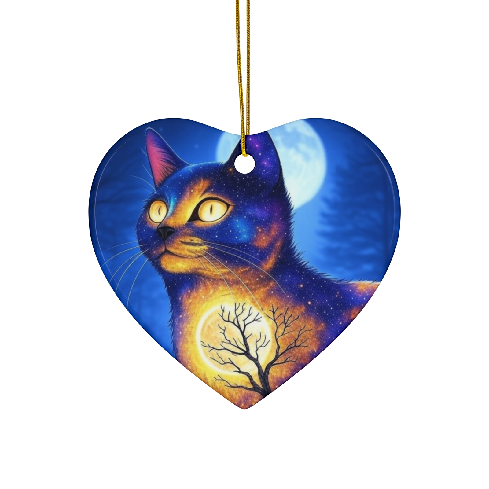 Ornament Mystical Cosmic Cat with Heart and Tree Art Printed on Ceramic ...