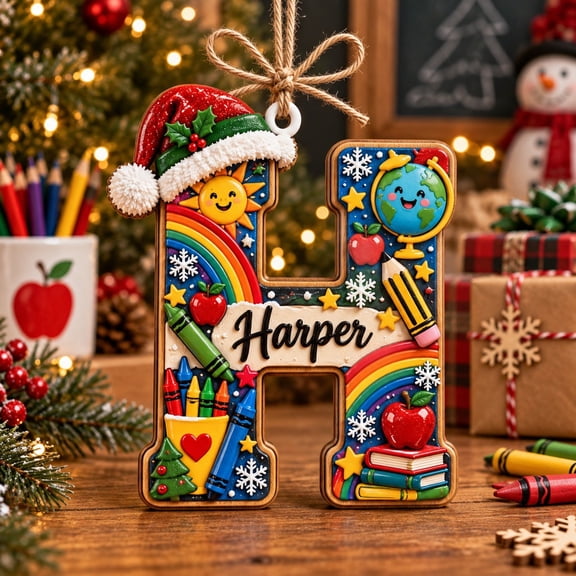 Ornament Rainbow School Initial Wooden Tree Hanging for Teacher Christmas Gift