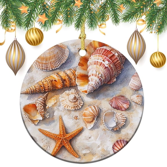 Ornament Sand Dollars And Sea Shells Beach Double-Sided Printed 3" Ceramic Christmas Ornament Ocean Shells Conch Holiday Ornament for Home Christmas Tree Decor Holiday Present