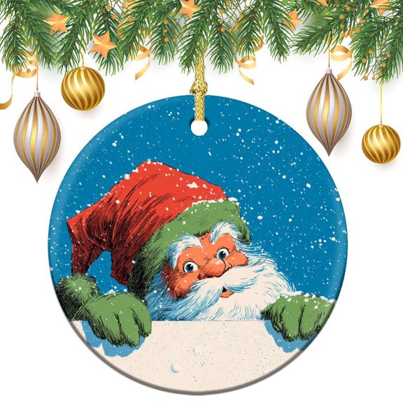 Ornament Santa Claus Peeking with Snowflakes 3" Circle Ceramic Ornament Merry Xmas Winter Retro Christmas Tree Ceramic Ornament Decoration Funny Gifts for Women/Men