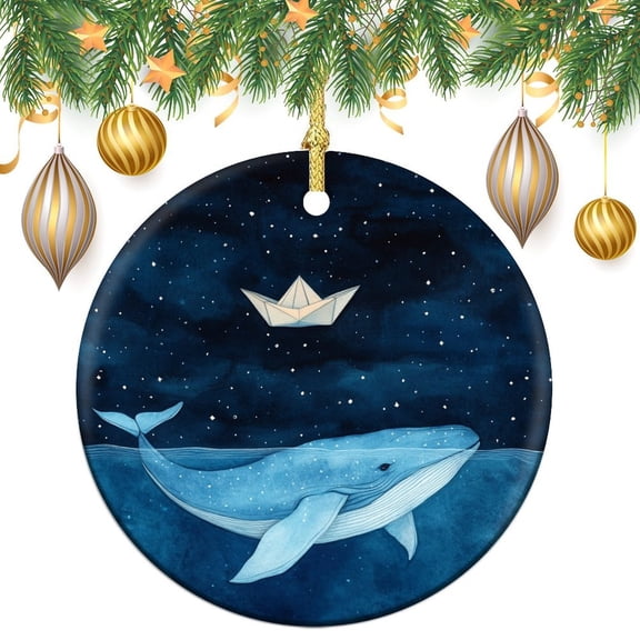 Ornament Sea Animals Humpback Whale 3" Circle Ceramic Ornament Blue Whale Starry Night Christmas Tree Ceramic Ornament Decoration Gifts Keepsake for Family