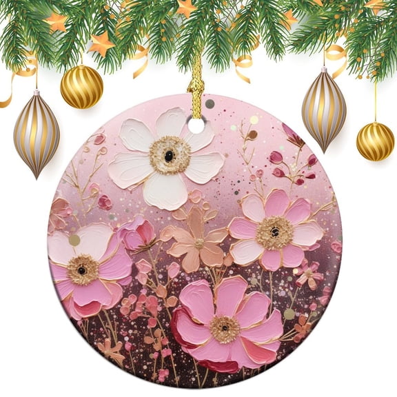 Ornament Spring Pink Flowers Christmas Tree Ornaments Modern Pink Glitter & Flowers Sparkle Print Ceramic Elegant Hanging Christmas Tree Decorations for Woman Friend Birthday