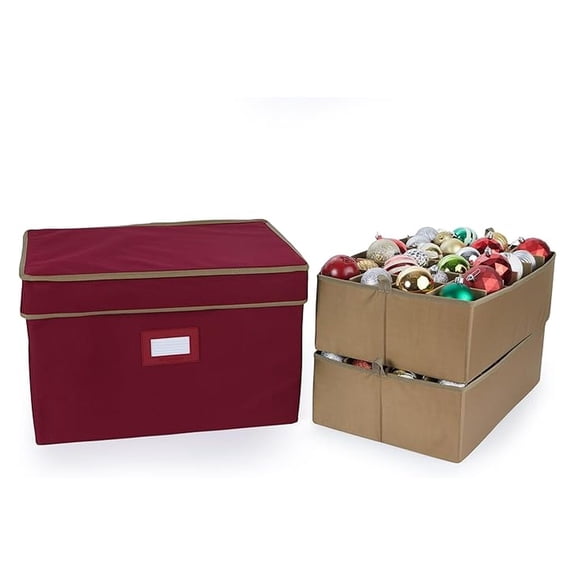 Ornament Storage Box, Red - Heavy Duty Holiday Decor Organizer with Dividers