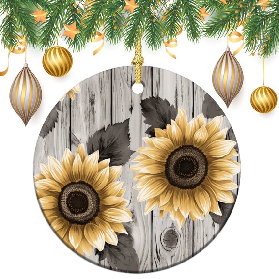 Ornament Vintage Farmhouse Summer Fall Autumn Harvest Sunflowers Customized Round Ceramic Ornament Rustic Barn White Grey Wood Sunflowers Best Gifts for Christmas Housewarming Gift