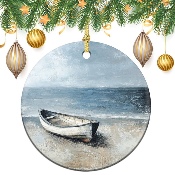 Ornament Vintage Ship Boat Two Sides Printed Christmas Ornaments A Rustic Boat on The Beach Xmas Holiday Keepsake Christmas Tree Decoration for Family Friend