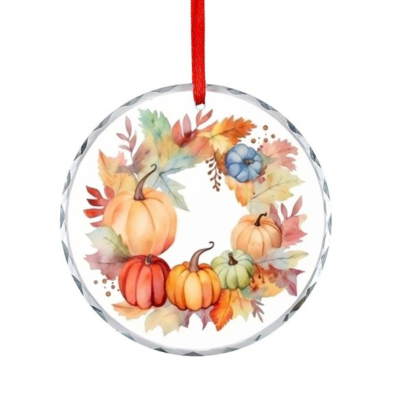 Ornament Watercolor Wreath with Pumpkin And Autumn Leaves Christmas Tree Glass Ornament Thanksgiving Autumn Halloween Xmas Decor Indoor Home Holiday Party Gifts