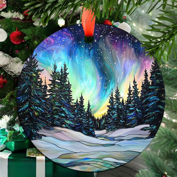Ornament Window Hanging, Aurora Landscape Sun Catchers Glass Panel Green Trees Suncatcher Decor for Birthday for Women, Men, Wife, Aunt, and Mom, 2025, 2025, Seasonal Holiday