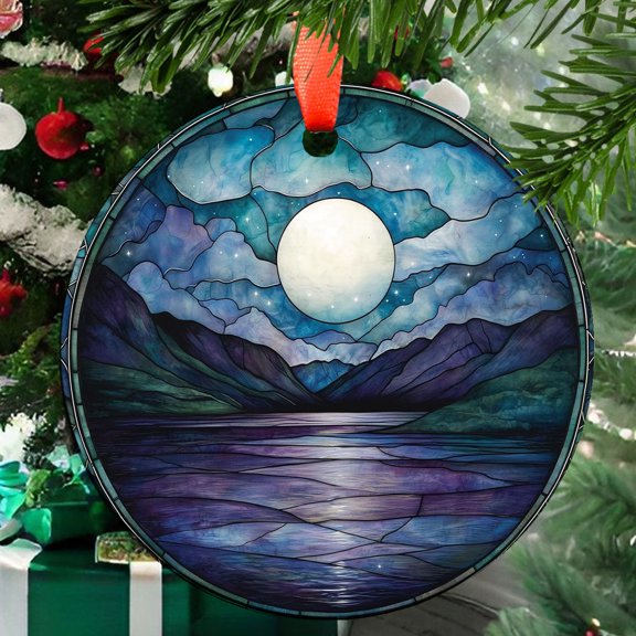 Ornament Window Hanging, Blue Night Moon Lake Sun Catchers Colorful Glass Panel Landscape Suncatcher Decor for Birthday for Women, Men, Wife, Aunt, and Mom, 2025, Festive Home