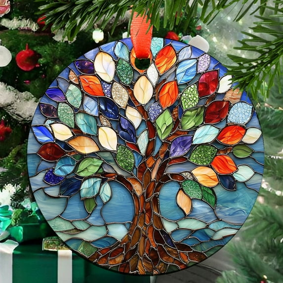 Ornament Window Hanging, Colorful Tree of Life Sun Catchers Glass Panel Blue Suncatcher Decor for Birthday for Women, Men, Wife, Aunt, and Mom, 2025, 2025, Seasonal Holiday Decor,