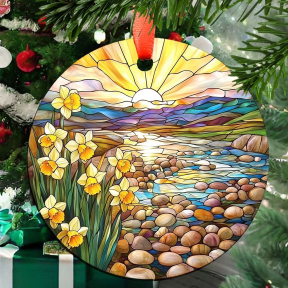 Ornament Window Hanging, Pebbles on The Lake Suncatcher Diamond Glass Panel Hangings Flower Sun Catchers Decor for Birthday for Women, Men, Wife, Aunt, and Mom, 2025, Festive Home