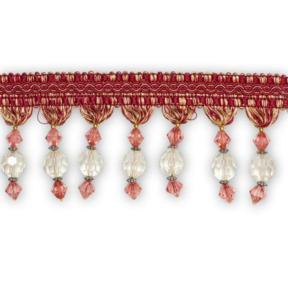 Ornamental Beaded Rhinestone Tassel Fringe 4.25" Wide Polyester Trim Sold By The Yard - Burgundy / Gold